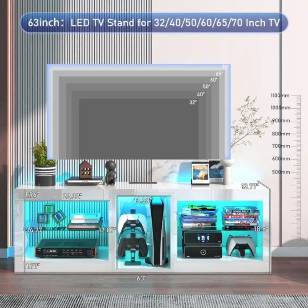 63In LED TV Stands for 65/70 Inch TV, High Gloss Entertainment Center with 6.5Ft Power Outlet , Modern TV Cabinet, White