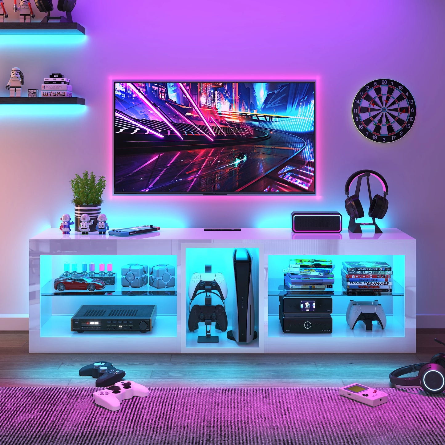 63In LED TV Stands for 65/70 Inch TV, High Gloss Entertainment Center with 6.5Ft Power Outlet , Modern TV Cabinet, White