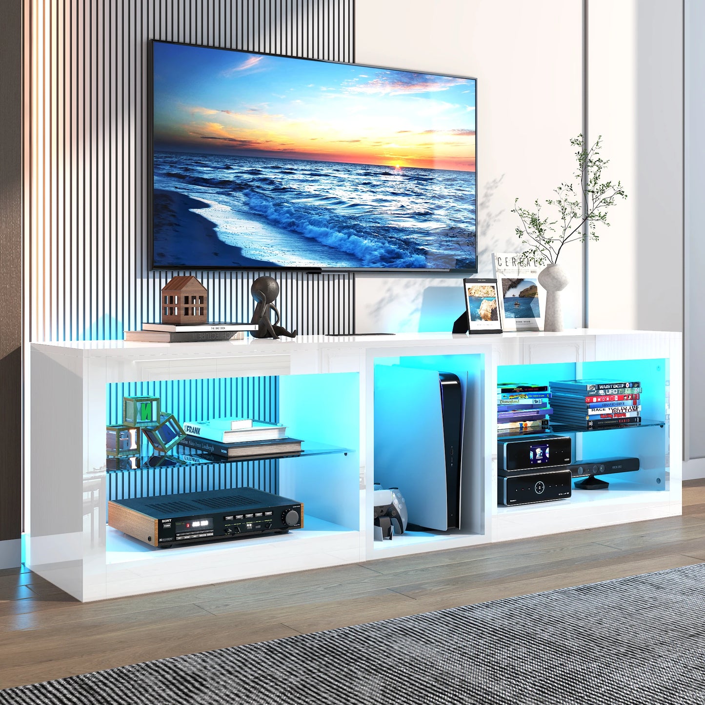 63In LED TV Stands for 65/70 Inch TV, High Gloss Entertainment Center with 6.5Ft Power Outlet , Modern TV Cabinet, White