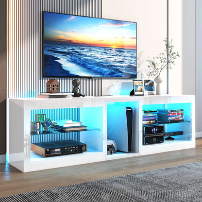 63In LED TV Stands for 65/70 Inch TV, High Gloss Entertainment Center with 6.5Ft Power Outlet , Modern TV Cabinet, White